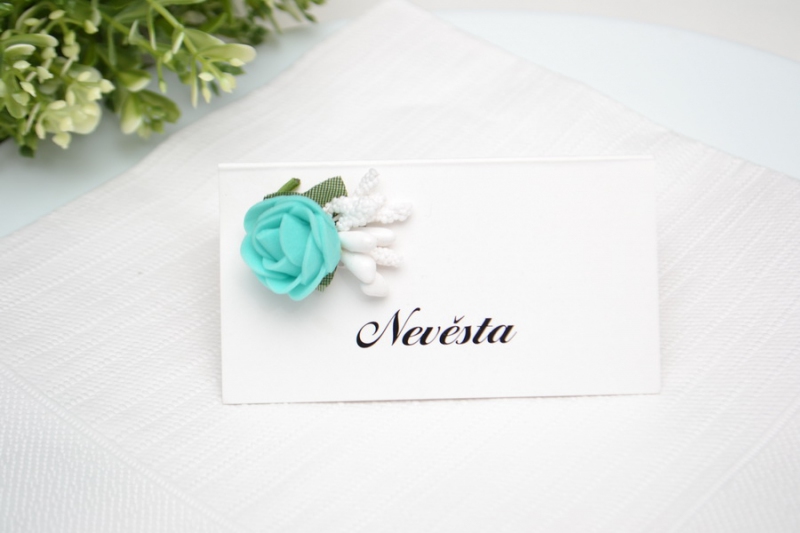 Svatební jmenovka s růží - azurová