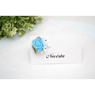 Svatební jmenovka s růží - modrá